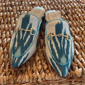 Elegant Teal and White Mules with Gold Accents
